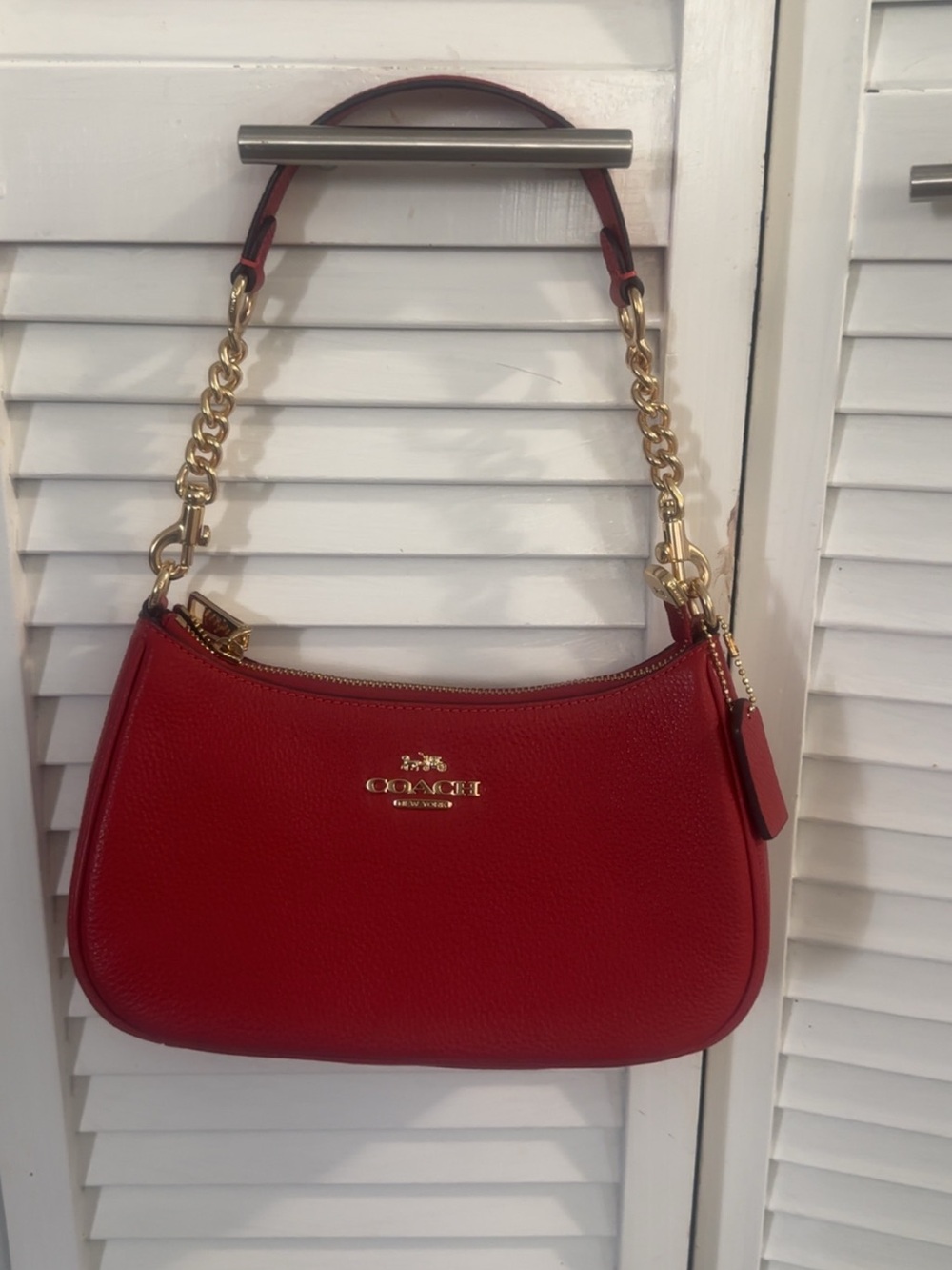 Coach Red Pebbled Leather Shoulder Bag with Gold Chain Strap
